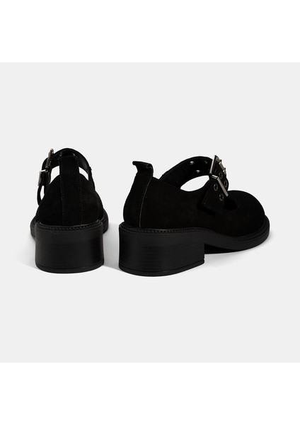 Kadın Siyah Ayarlanabilir Metal Tokalı Mary Jane Süet Ayakkabı