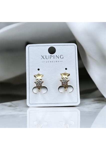Xuping Gold Kadın Çelik Küpe Taşlı Yıldız Küpe Iki Yıldız Detaylı, Zarif Tasarım Taşlı Küpe Yıldız Küpe Kadın Küpe Zirkon Taşlı Şık Tasarım Yıldızlı Küpe Yıldız Küpe modelleri