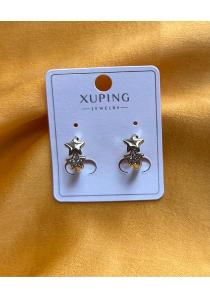 Xuping Gold Kadın Çelik Küpe Taşlı Yıldız Küpe Iki Yıldız Detaylı, Zarif Tasarım Taşlı Küpe Yıldız Küpe Kadın Küpe Zirkon Taşlı Şık Tasarım Yıldızlı Küpe Yıldız Küpe