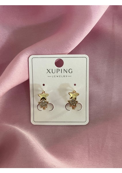 Xuping Gold Kadın Çelik Küpe Taşlı Yıldız Küpe Iki Yıldız Detaylı, Zarif Tasarım Taşlı Küpe Yıldız Küpe Kadın Küpe Zirkon Taşlı Şık Tasarım Yıldızlı Küpe Yıldız Küpe