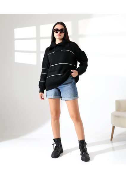 Yaka Düğmeli Ajurlu Triko Kazak fırsatları