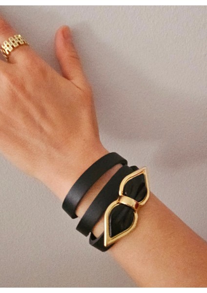 Hakiki Deri Siyah Fiyonk Bileklik