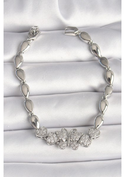 Pirinç Gümüş Renk Zirkon Taşlı Kelebek Figür Damla Zincir Model Kadın Bileklik