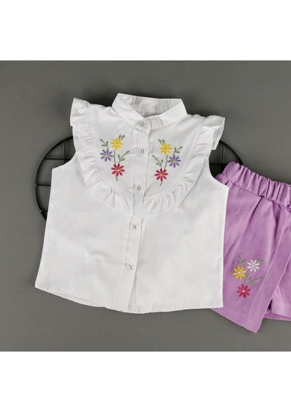 Çiçek Detaylı Hakim Yaka Gömlekli Şort Etekli 2'li Kız Takım fiyatları