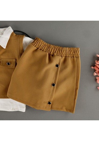 Düğme Detaylı Süveterli Şort Etekli Gömlek Yakalı 3'lü Kız Takım fırsatları
