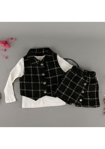 Kare Desen Şort Etekli Yelekli Kız Çocuk 3'lü Takım