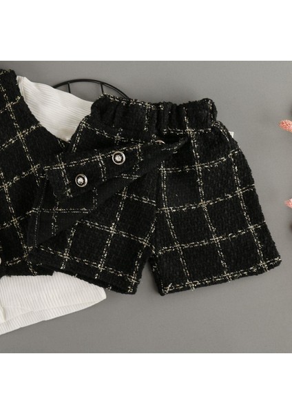 Kare Desen Şort Etekli Yelekli Kız Çocuk 3'lü Takım modelleri