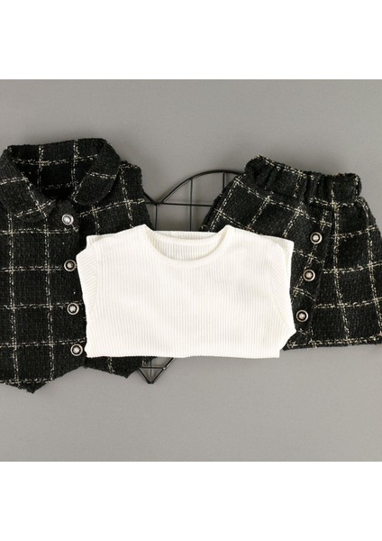 Kare Desen Şort Etekli Yelekli Kız Çocuk 3'lü Takım fırsatları