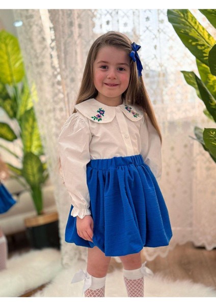 Yakası Nakışlı Gömlekli Etekli Tokalı 3'lü Kız Takım