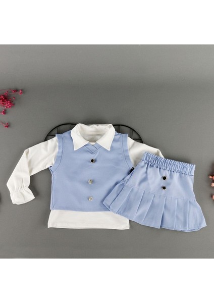 Düğmeli Süveter Etekli Gömlek Yakalı 3'lü Kız Çocuk Takım
