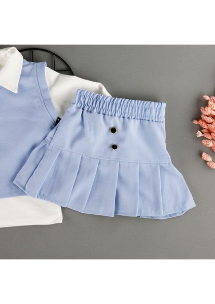 Düğmeli Süveter Etekli Gömlek Yakalı 3'lü Kız Çocuk Takım fiyatları