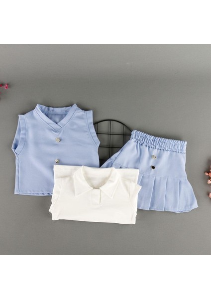Düğmeli Süveter Etekli Gömlek Yakalı 3'lü Kız Çocuk Takım indirimleri