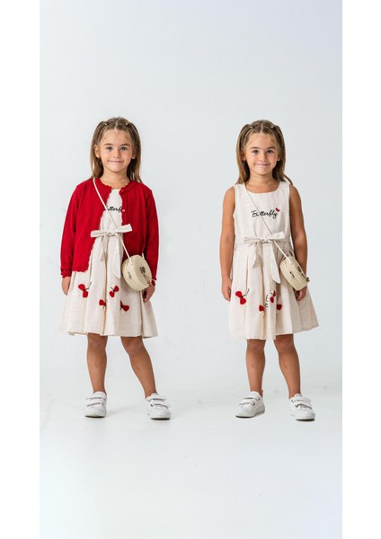 Nakış Detaylı Hırkalı Elbiseli Çantalı 3'lü Kız Takım