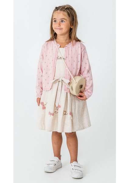 Nakış Detaylı Hırkalı Elbiseli Çantalı 3'lü Kız Takım modelleri