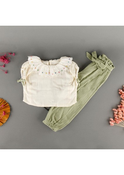 Bebe Yaka Boncuk Detaylı Muslin Kız 2'li Takım