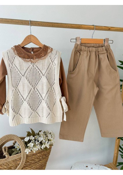Nakışlı Gömlekli Triko Süveter Bebek Çocuk Kız 3'lü Takım fırsatları