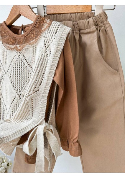 Nakışlı Gömlekli Triko Süveter Bebek Çocuk Kız 3'lü Takım indirimleri