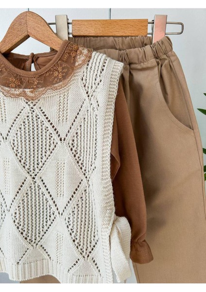 Nakışlı Gömlekli Triko Süveter Bebek Çocuk Kız 3'lü Takım