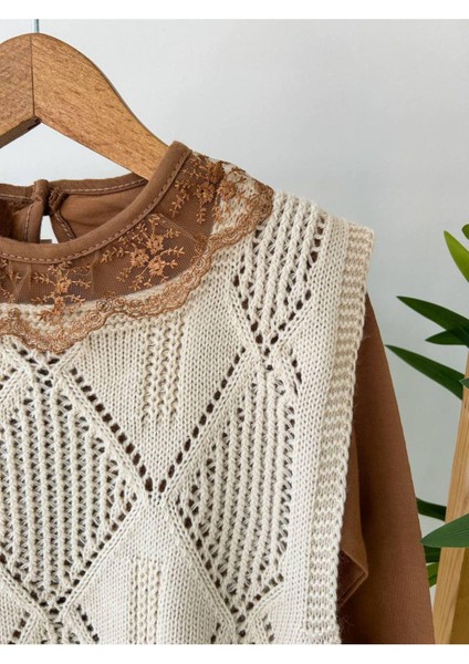 Nakışlı Gömlekli Triko Süveter Bebek Çocuk Kız 3'lü Takım