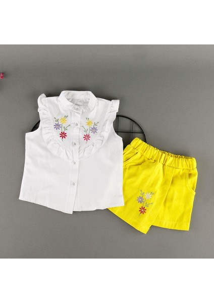 Çiçek Detaylı Hakim Yaka Gömlekli Şort Etekli 2'li Kız Takım