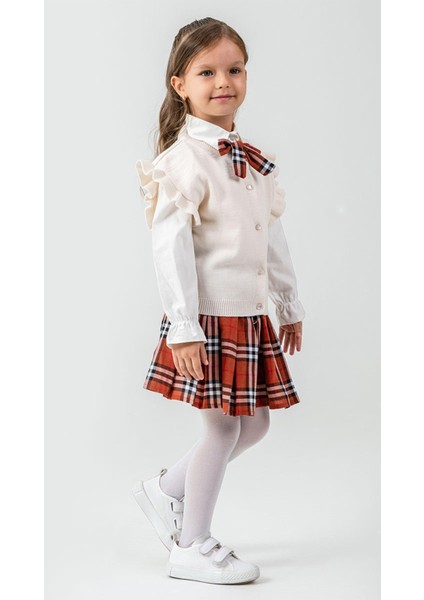 Ekose Fular Detaylı Etekli Hırkalı Gömlekli Çoraplı 4'lü Kız Takım