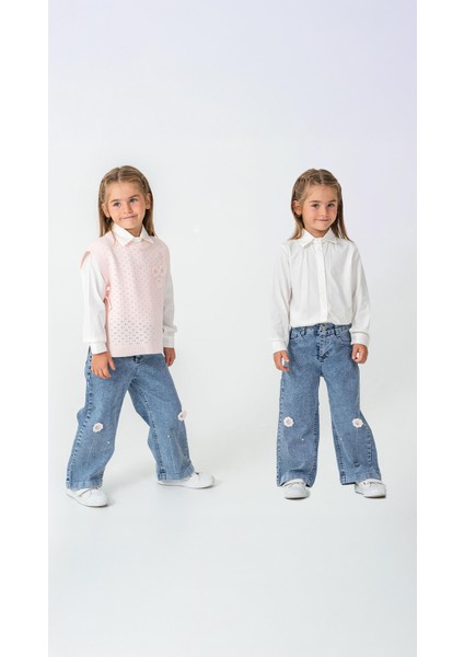 Çiçek Detaylı Yelekli Gömlekli Kot Pantolonlu 3'lü Kız Takım