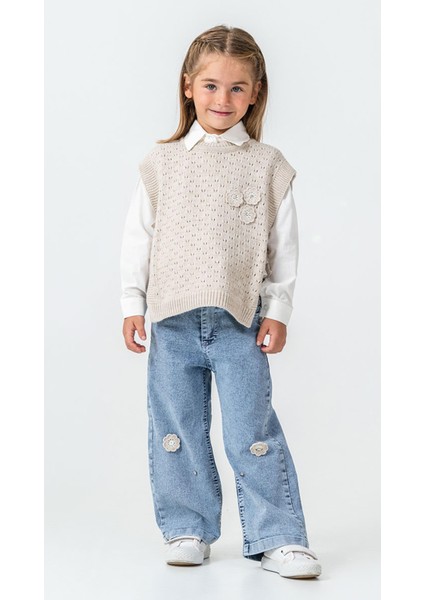 Çiçek Detaylı Yelekli Gömlekli Kot Pantolonlu 3'lü Kız Takım fiyatları