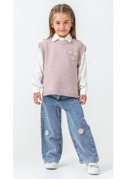 Çiçek Detaylı Yelekli Gömlekli Kot Pantolonlu 3'lü Kız Takım modelleri