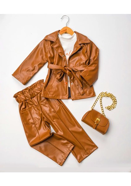 Lory Deri Görünümlü Trençkotlu Pantolonlu Çantalı 4'lü Kız Takım