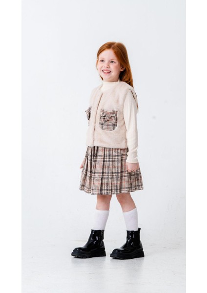 Ekose Detaylı Etekli Kürk Yelekli Kazaklı 3'lü Kız Takım