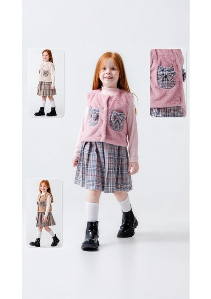 Ekose Detaylı Etekli Kürk Yelekli Kazaklı 3'lü Kız Takım fiyatları