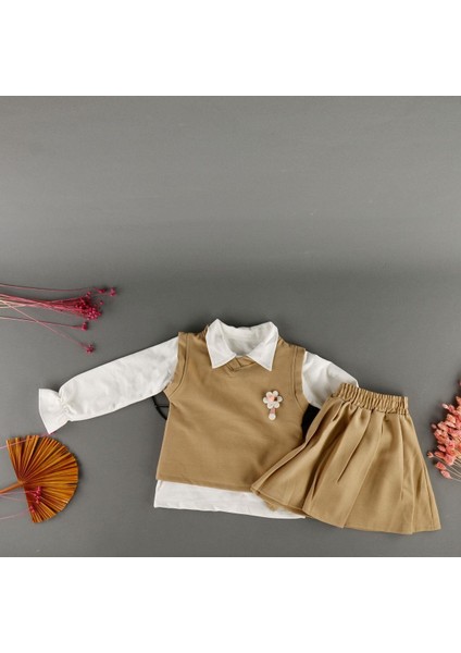 Çiçek Detaylı Süveterli Etekli Gömlek Yakalı 3'lü Kız Çocuk Takım