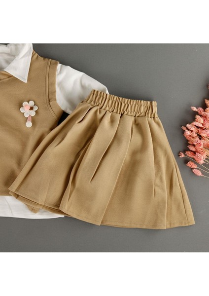 Çiçek Detaylı Süveterli Etekli Gömlek Yakalı 3'lü Kız Çocuk Takım fiyatları