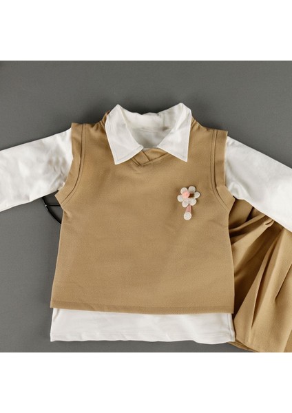 Çiçek Detaylı Süveterli Etekli Gömlek Yakalı 3'lü Kız Çocuk Takım modelleri