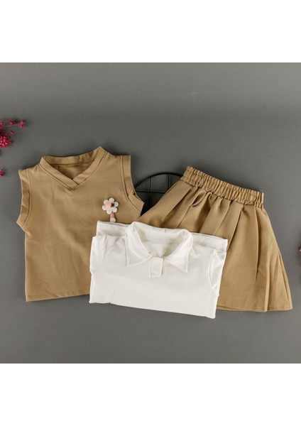 Çiçek Detaylı Süveterli Etekli Gömlek Yakalı 3'lü Kız Çocuk Takım indirimleri