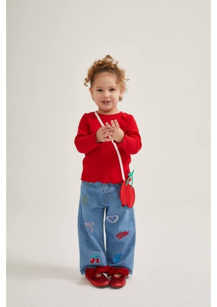 Kiraz Desen Detaylı Kot 3'lü Bebek Takım