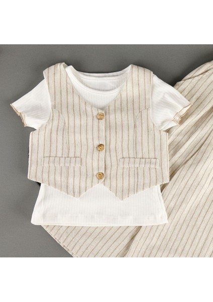 Çizgi Detaylı Yelekli Pantolonlu Keten 3'lü Kız Takım fiyatları