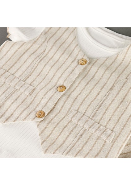 Çizgi Detaylı Yelekli Pantolonlu Keten 3'lü Kız Takım modelleri