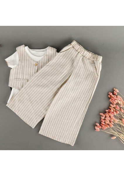 Çizgi Detaylı Yelekli Pantolonlu Keten 3'lü Kız Takım fırsatları
