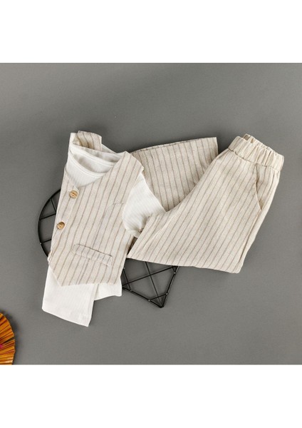 Çizgi Detaylı Yelekli Pantolonlu Keten 3'lü Kız Takım indirimleri