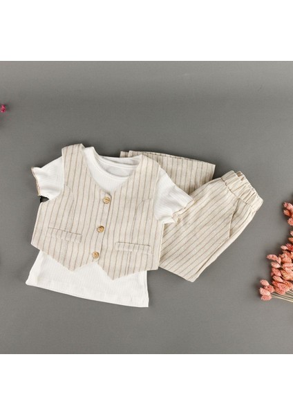 Çizgi Detaylı Yelekli Pantolonlu Keten 3'lü Kız Takım