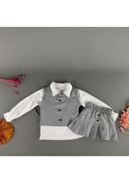 Düğmeli Süveter Etekli Gömlek Yakalı 3'lü Kız Çocuk Takım