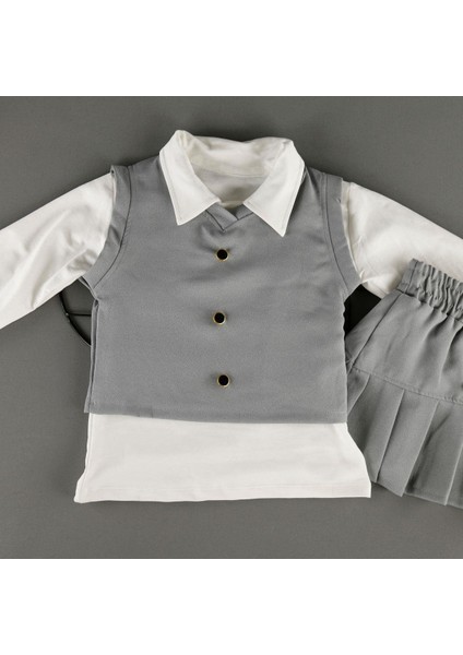 Düğmeli Süveter Etekli Gömlek Yakalı 3'lü Kız Çocuk Takım fiyatları