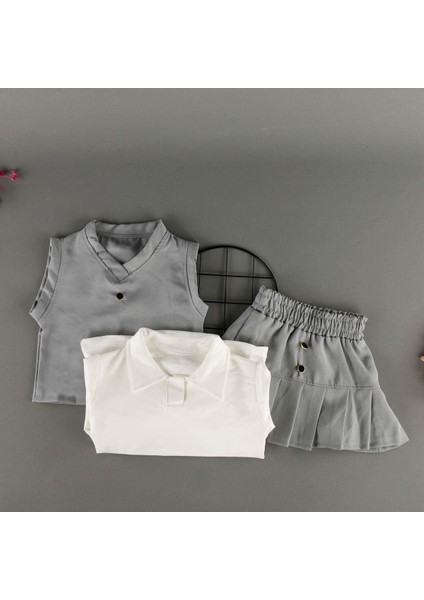 Düğmeli Süveter Etekli Gömlek Yakalı 3'lü Kız Çocuk Takım indirimleri