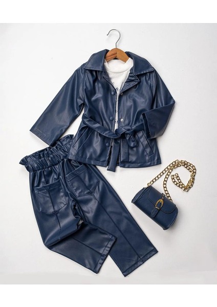 Lory Deri Görünümlü Trençkotlu Pantolonlu Çantalı 4'lü Kız Takım