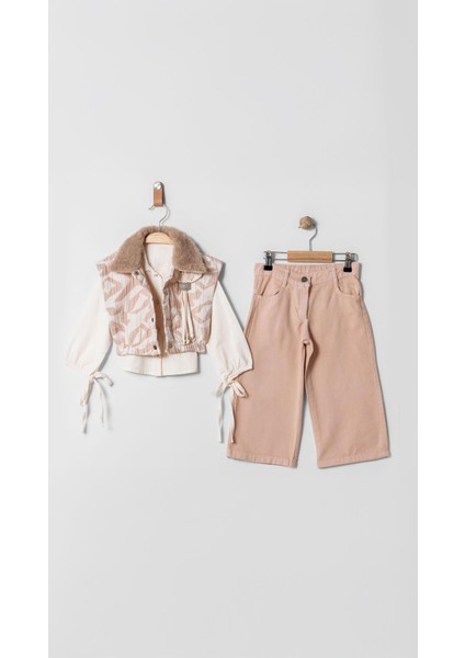 Kürk Detaylı Gömlekli Ceketli Kot Pantolonlu 3'lü Kız Takım fiyatları