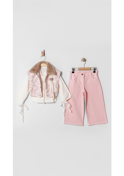 Kürk Detaylı Gömlekli Ceketli Kot Pantolonlu 3'lü Kız Takım modelleri