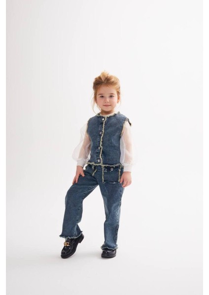 Püskül Detaylı Yelekli Gömlekli Kot 3'lü Kız Takım