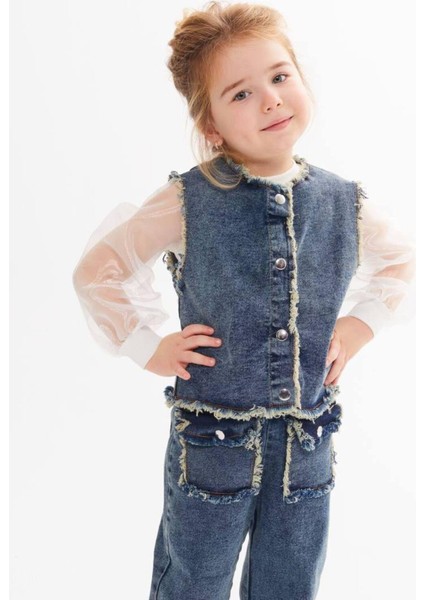 Püskül Detaylı Yelekli Gömlekli Kot 3'lü Kız Takım fiyatları