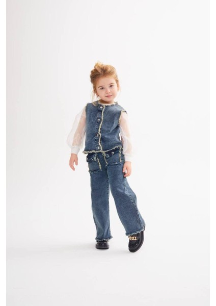 Püskül Detaylı Yelekli Gömlekli Kot 3'lü Kız Takım modelleri